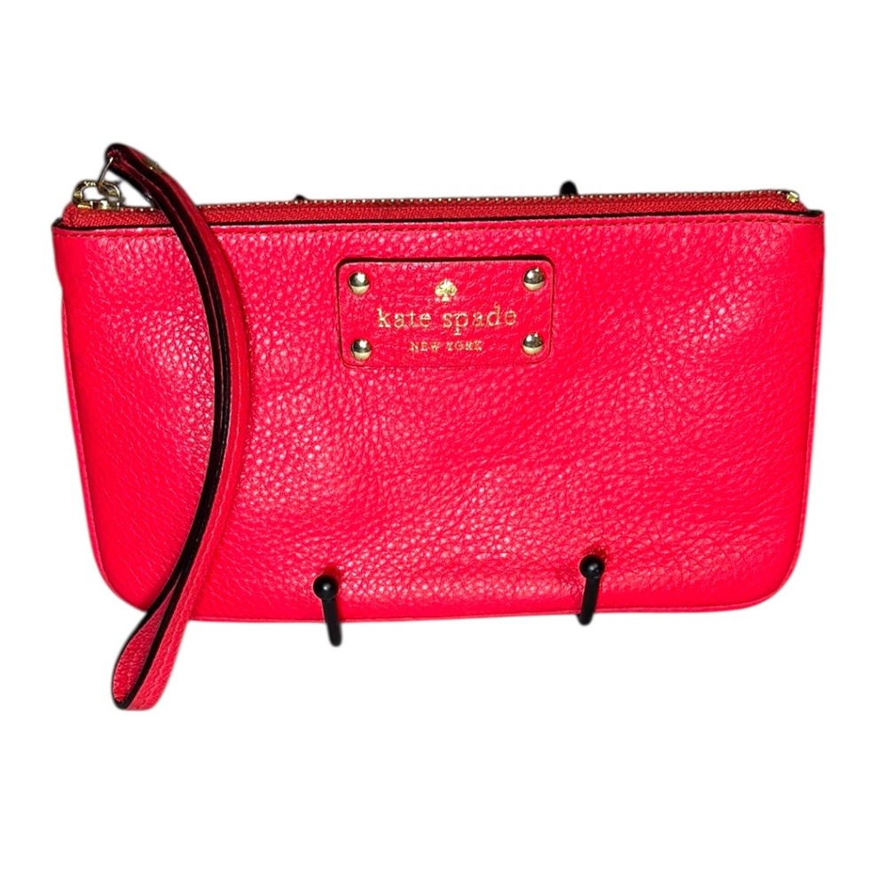 Kate Spade Red Leather Wristlet Clutch | Pebbled Leather | Classic Logo Plate